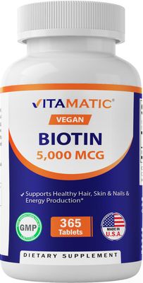 Vitamatic Biotin 5000mcg (5 mg) for Stronger Hair, Skin &amp; Nails - 365 Vegan Tablets- Also Called Vitamin B7