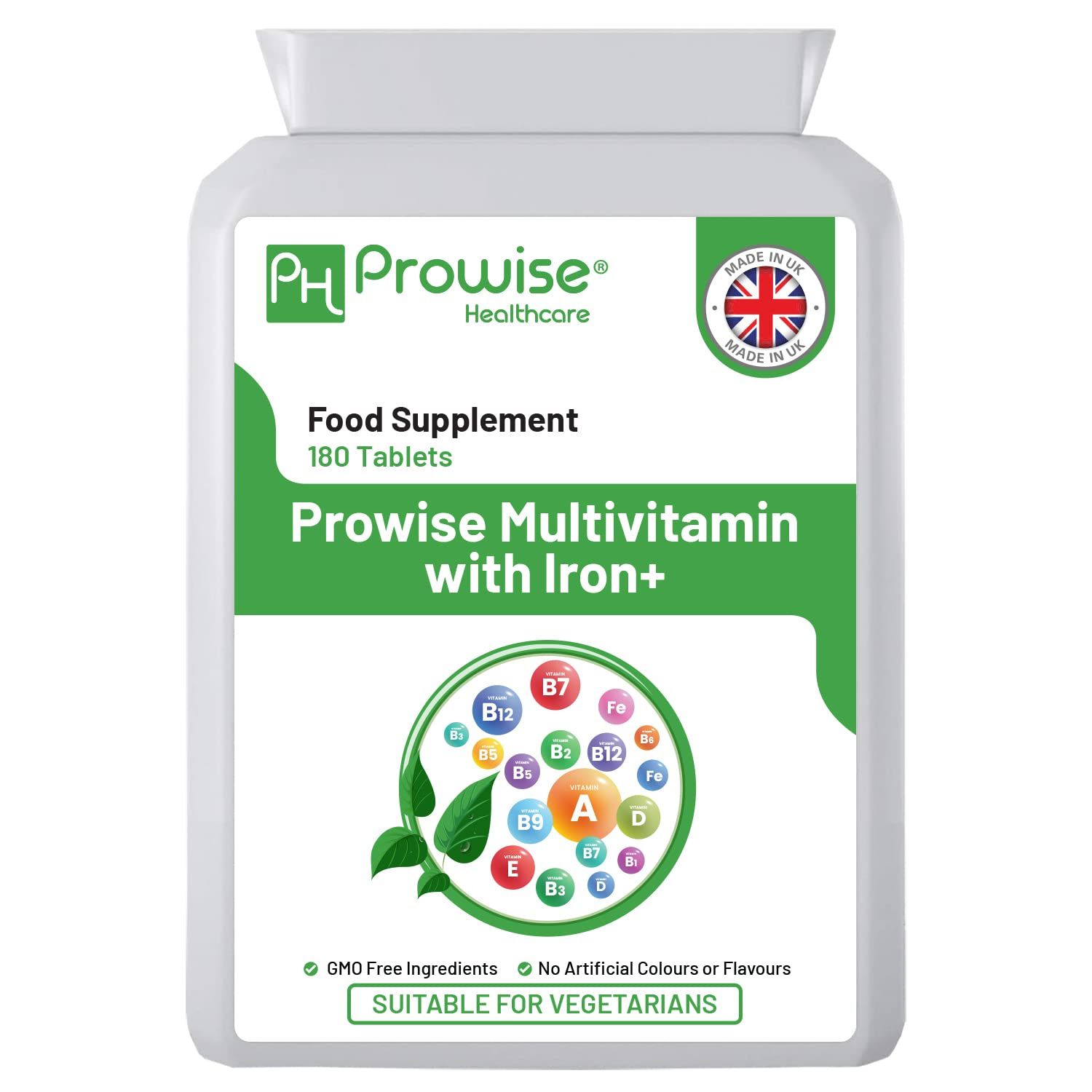 Multivitamin &amp; Iron 180 Tablets (6 Months Dose) Immune Support - One A Day Multi-Vitamin Supplement - UK Manufactured | GMP Standards by Prowise Healthcare - Suitable for Vegetarians