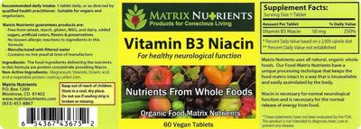 Matrix Nutrients Vitamin B3 NIACIN - Digestive, Heart and Immune Support! - 100% Organic - Also Improve Brain Function, Energy and Reduce Stress - Vegan Tablets (60ct)