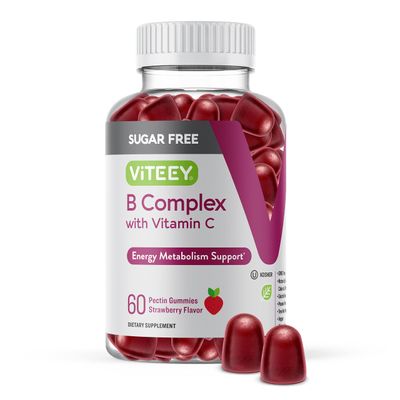 Vitamin B Complex Gummies with Vitamin C, Sugar Free - Energy, Metabolism &amp; Nerve Health - B6, B12, Folic Acid, Biotin - Vegan, Gelatin Free, GMO Free - Tasty Chewable Strawberry Flavored Gummy