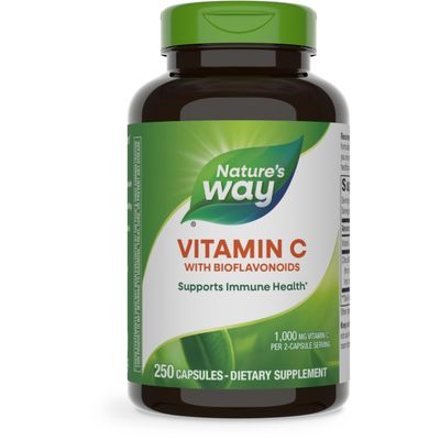Nature&#39;s Way Vitamin C with Bioflavonoids, Immune Support*, High Potency Vitamin C per 2-capsule serving, Promotes Collagen*, 1,000 mg per 2-Capsule Serving, 250 Capsules (Packaging May Vary)