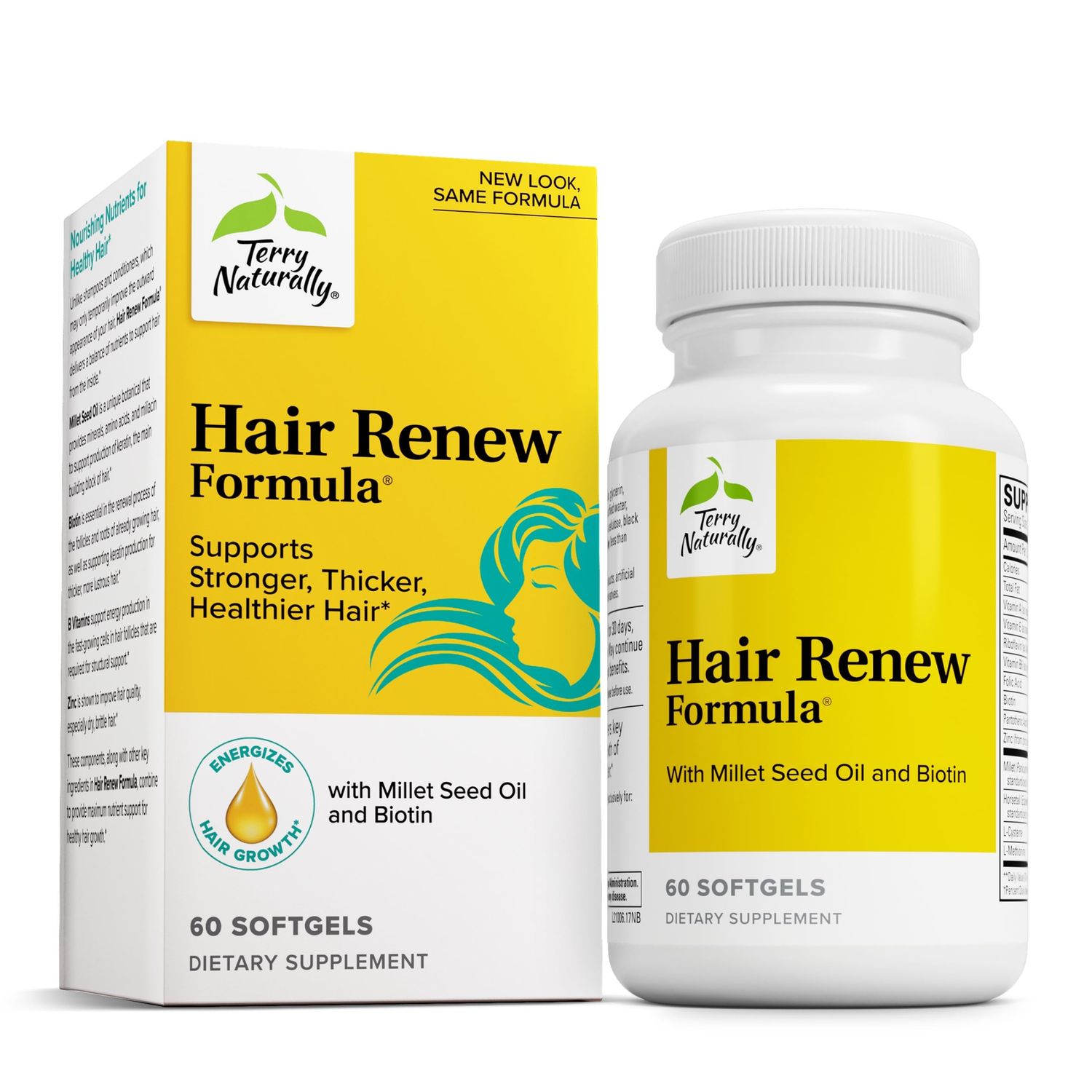 Terry Naturally Hair Renew Formula - Hair Growth Support Supplement with Horsetail Biotin &amp; Folic Acid - Millet Seed Oil for Keratin Production Support - 60 Softgels