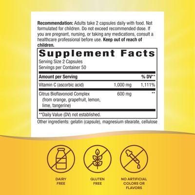 Natures Way Vitamin C with Bioflavonoids - 1,000 mg Vitamin C per 2-Capsule Serving - Immune Health* - Citrus Bioflavonoids Complex from Orange, Grapefruit, Lemon & More - 100 Capsules
