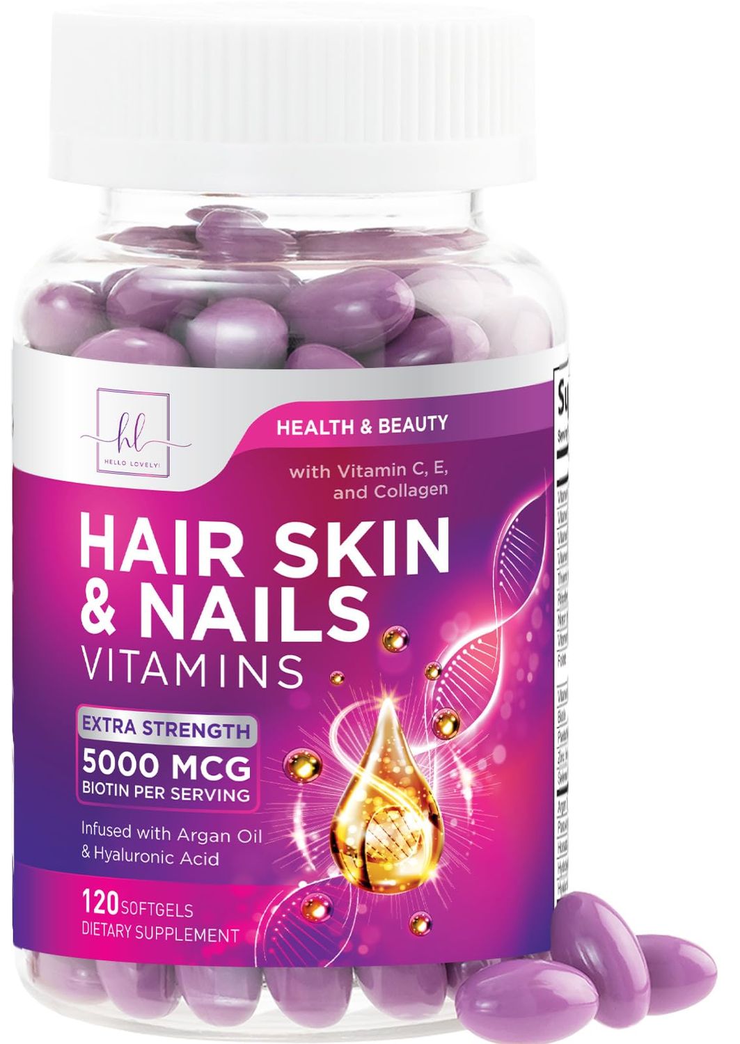 Hair Vitamins for Women with Biotin 5000mcg - Hair, Skin &amp; Nails Health &amp; Keratin Support Infused with Argan Oil, Collagen &amp; Hyaluronic Acid, Womens Hair Growth Support Supplement - 120 Softgels