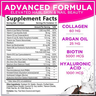Hair Vitamins for Women with Biotin 5000mcg - Hair, Skin & Nails Health & Keratin Support Infused with Argan Oil, Collagen & Hyaluronic Acid, Womens Hair Growth Support Supplement - 120 Softgels
