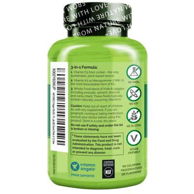 NATURELO Vegan K2+D3 - Plant Based D3 from Lichen - Natural D3 Supplement for Immune System, Bone Support, Joint Health - Whole Food - Vegan - Non-GMO - Gluten Free,Capsule (60 Count (Pack of 1))