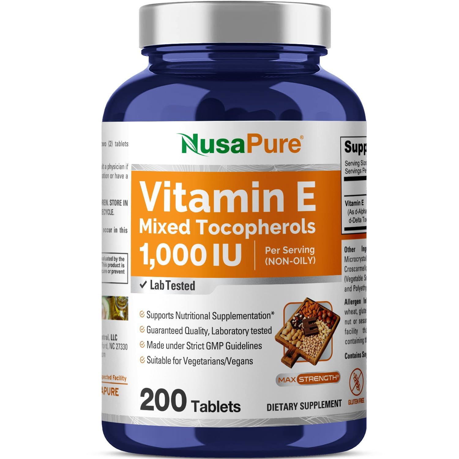 NusaPure Vitamin E 1000 IU 200 Tablets (Non-GMO, Gluten-Free) - Mixed Tocopherols