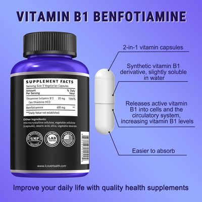 I LOVE HEALTH Benfotiamine 600mg Plus 20mg Vitamin B1 | 120 Veggie Capsules | Made in USA | 3rd Party Tested | Fat Soluble Vitamin B1 Thiamine Supplement | Non-GMO | Gluten Free