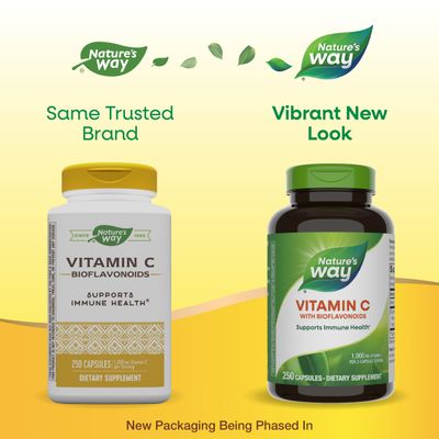 Nature's Way Vitamin C with Bioflavonoids, Immune Support*, High Potency Vitamin C per 2-capsule serving, Promotes Collagen*, 1,000 mg per 2-Capsule Serving, 250 Capsules (Packaging May Vary)