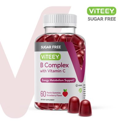 Vitamin B Complex Gummies with Vitamin C, Sugar Free - Energy, Metabolism &amp; Nerve Health - B6, B12, Folic Acid, Biotin - Vegan, Gelatin Free, GMO Free - Tasty Chewable Strawberry Flavored Gummy