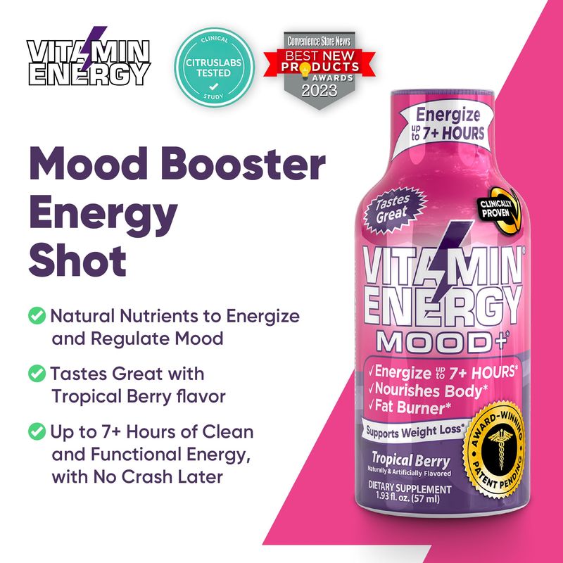 Mood Support Vitamin Energy Drink - Sugar Free, Keto/Vegan Friendly Shots | Mood Balancing with Rhodiola and Chamomile | Energize up to 7+ Hours | Tropical Berry - 1.93 Fl Oz - Pack Of 4