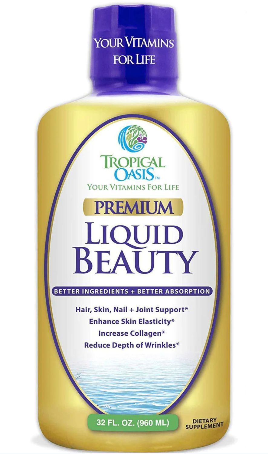 Tropical Oasis - Liquid Beauty | Supplement for Hair, Skin, &amp; Nail Growth, Weight Control, Joint Support - Biotin + Hydrolyzed Collagen (32 Servings)