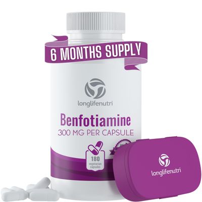 LongLifeNutri Benfotiamine 300mg - 180 Vegetarian Capsules, 6-Month Supply, Fat-Soluble B1 Thiamine Supplement for Energy and Wellness, Lab Tested, Made in USA