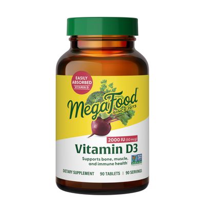 MegaFood Vitamin D3 2000 IU (50 mcg) - Vitamin D Supplements With Real Food, Immune Support, Supports Bones, Teeth &amp; Muscles, Vegetarian, Certified Non-GMO, Kosher - 90 Tablets, 90 Servings