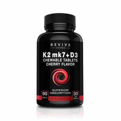 Revive Herbs Vitamin K2 D3 - Cherry Flavored Chewable Tablets for Superior Calcium Absorption - Supports Bone &amp; Cardiovascular Health - Serving Size K2 mk7 225 mcg, D3 6000 IU - Vitamin D3 K2