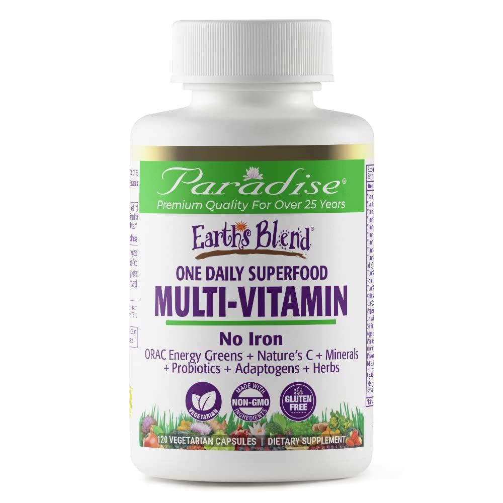 Paradise Herbs Earth&#39;s Blend Once Daily Multivitamin for Men, No Iron, 48 Organic Superfoods, Probiotics, Antioxidants, Vitamins A, B12, C, D, K2,120 Count