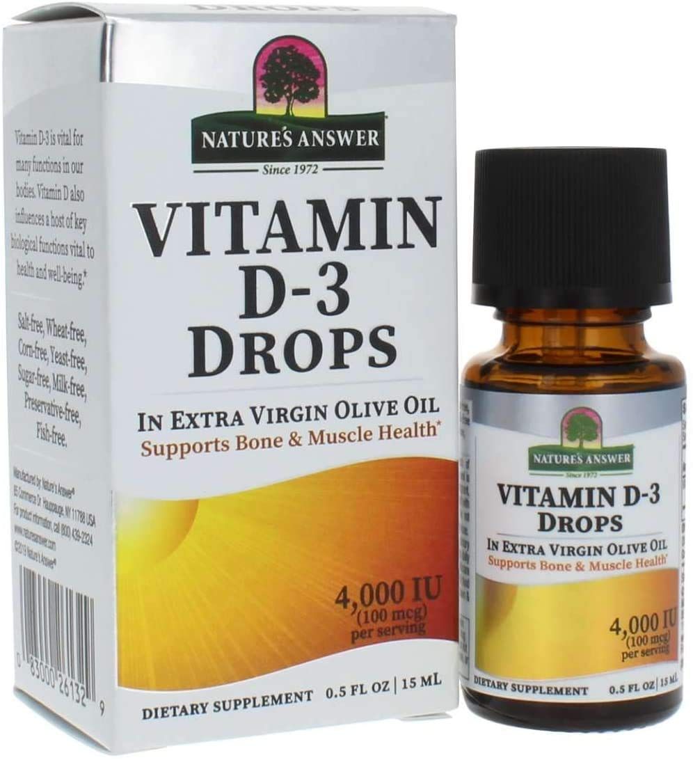 Nature&#39;s Answer Vitamin D-3 Drops | Blended with Extra Virgin Gold Olive Oil | Quickly Absorbed into Body | No Fillers, No Soy, Yeast Sugar, Milk or Preservatives 0.5oz