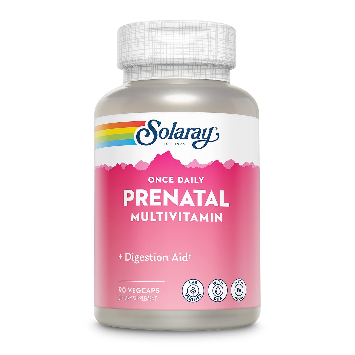 Solaray Once Daily Prenatal Multivitamin with Iron &amp; DHA, Prenatal Vitamins and Minerals for Expectant Mothers, Digestion Aid with Morning Ease Herbal Blend &amp; Whole Food Base, 90 Servings, 90 VegCaps