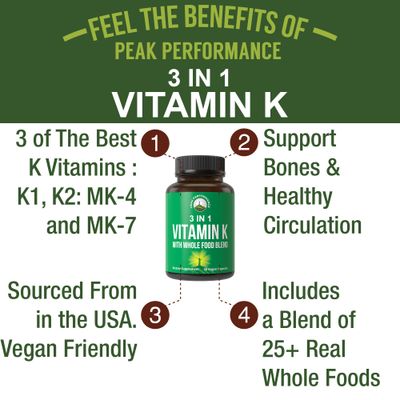 Vitamin K with Whole Food Blend of 25+ Vegetables and Fruits for Max Absorption. Vegan Capsules Supplement. Vitamins K1, K-2 MK4 + K2 Natto MK7. Alternative to Drops, Gummies. VIT K with K 2 and MK-7