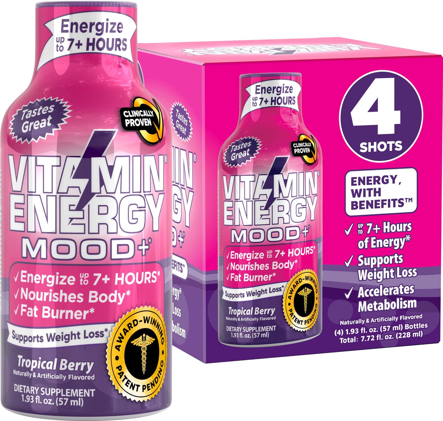 Mood Support Vitamin Energy Drink - Sugar Free, Keto/Vegan Friendly Shots | Mood Balancing with Rhodiola and Chamomile | Energize up to 7+ Hours | Tropical Berry - 1.93 Fl Oz - Pack Of 4