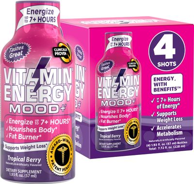 Mood Support Vitamin Energy Drink - Sugar Free, Keto/Vegan Friendly Shots | Mood Balancing with Rhodiola and Chamomile | Energize up to 7+ Hours | Tropical Berry - 1.93 Fl Oz - Pack Of 4