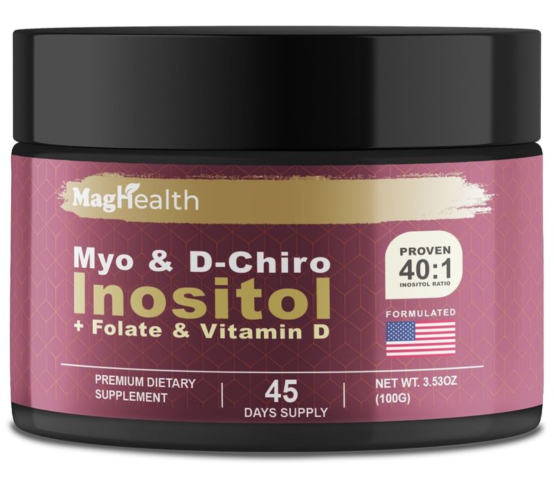 Inositol Supplement - Myo-Inositol &amp; D-Chiro Inositol + Folate and Vitamin D - 40:1 Ratio - 45 Day Supply - PCOS Supplements, Menstrual and Fertility Support | Great Alternative to Inositol Capsules