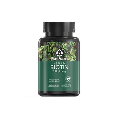 PlantFusion Vegan Biotin from, Premium Vegan Biotin for Women and Men (5000mcg), Natural Hair Skin and Nails Vitamins, 120 Vegan Capsules