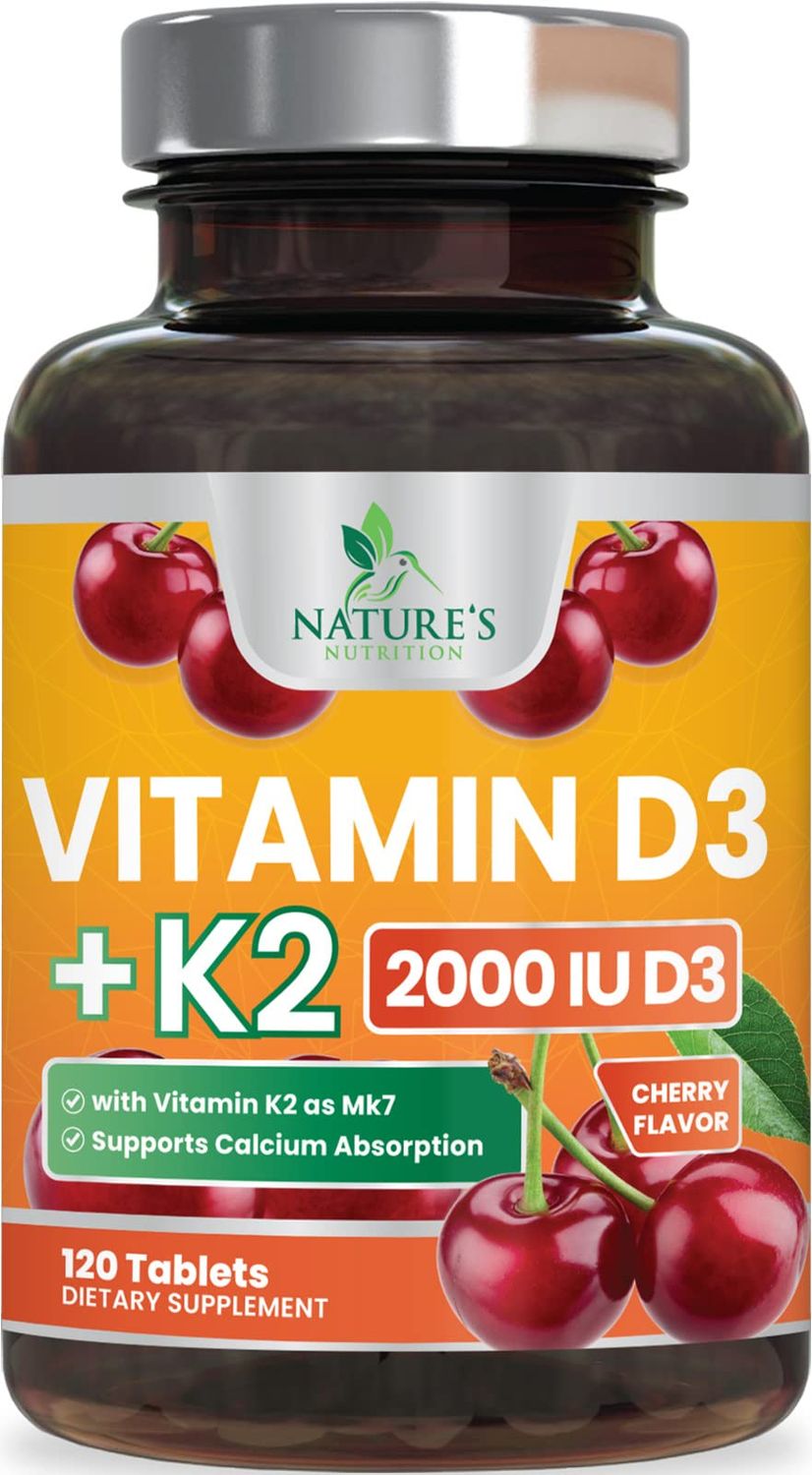Vitamin D3 K2, Chewable Cherry D3 2000 iu Plus K2 (MK-7) 75 mcg - 2 in 1 Vitamins D &amp; K Complex - Vitamin K2 MK7 + D3 Supplement Supports Immune &amp; Heart Health, Calcium Absorption, Bones - 120 Tablets