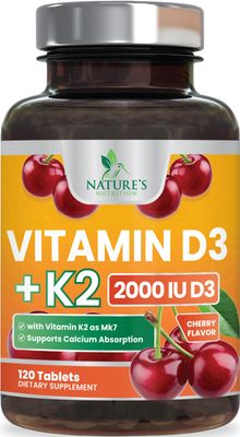 Vitamin D3 K2, Chewable Cherry D3 2000 iu Plus K2 (MK-7) 75 mcg - 2 in 1 Vitamins D &amp; K Complex - Vitamin K2 MK7 + D3 Supplement Supports Immune &amp; Heart Health, Calcium Absorption, Bones - 120 Tablets