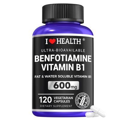 I LOVE HEALTH Benfotiamine 600mg Plus 20mg Vitamin B1 | 120 Veggie Capsules | Made in USA | 3rd Party Tested | Fat Soluble Vitamin B1 Thiamine Supplement | Non-GMO | Gluten Free