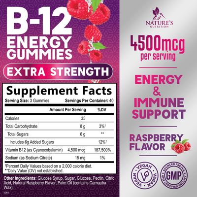 Vitamin B12 Energy Gummies - Extra Strength 4500mcg Chewable for Energy &amp; Nervous System Health Support, B-12 Complex Gummy Vitamin for Women, Men, Kids - Non-GMO, Vegan, Berry Flavor - 120 Gummies