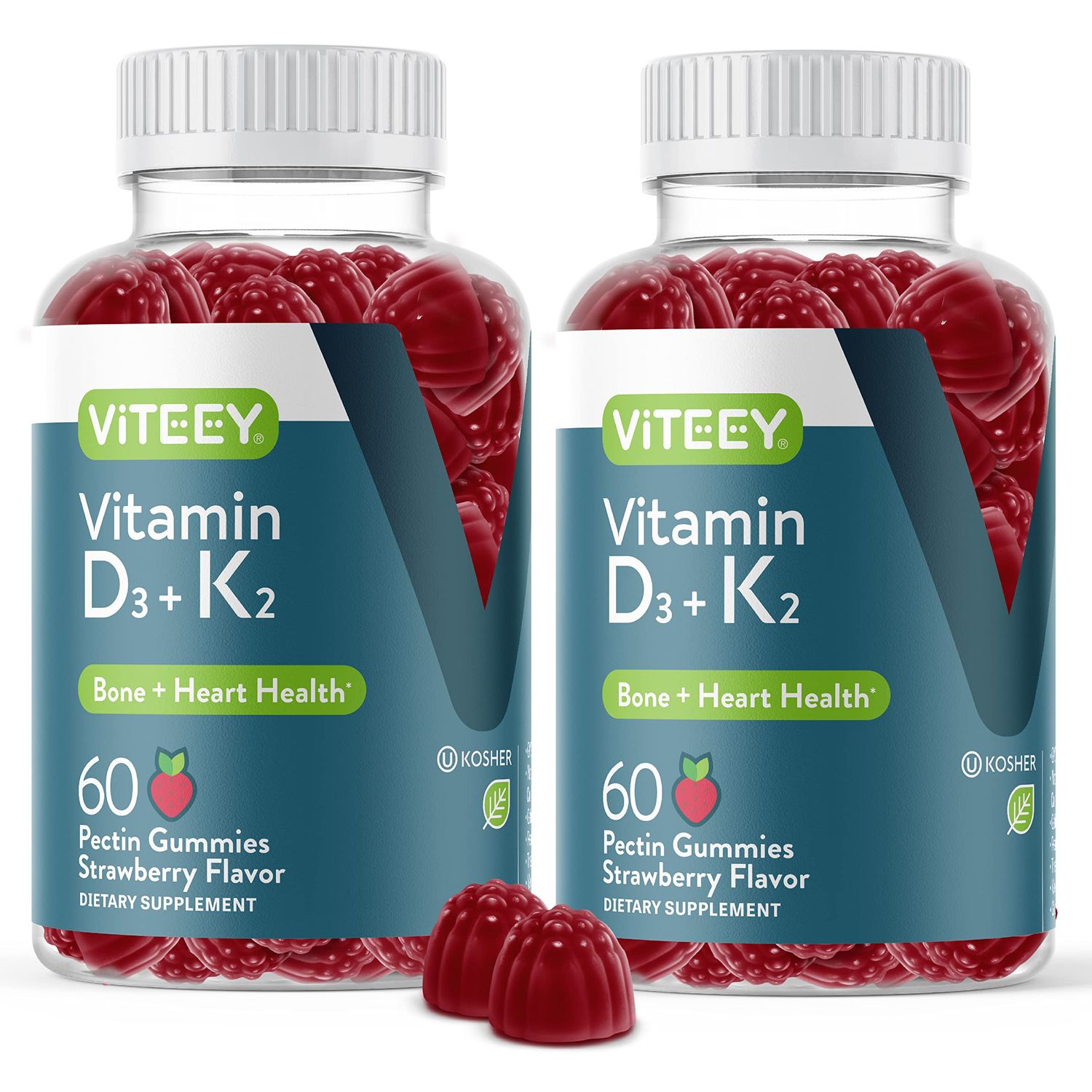 Vitamin D3 K2 Gummies - 1000 IU Vitamin D3 and K2 100mcg - Bone &amp; Heart Health for Adults and Teens - Vegetarian, Gelatin Free, GMO Free - Tasty Chewable D3K2 Vitamins Strawberry Flavored Gummy