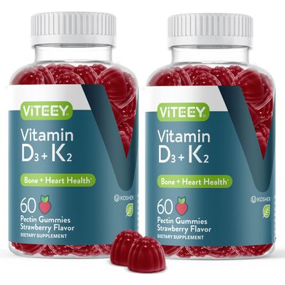 Vitamin D3 K2 Gummies - 1000 IU Vitamin D3 and K2 100mcg - Bone &amp; Heart Health for Adults and Teens - Vegetarian, Gelatin Free, GMO Free - Tasty Chewable D3K2 Vitamins Strawberry Flavored Gummy