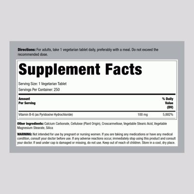 Piping Rock Vitamin B-6 100mg Supplement | 250 Tablets | as Pyridoxine Hydrochloride | Non-GMO &amp; Vegeterian Formula