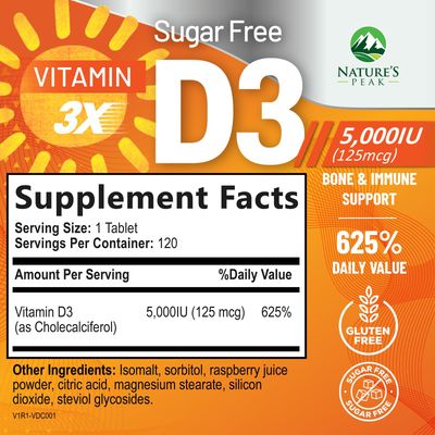 Vitamin D3 5000 IU (125 mcg) - High Potency Vitamin D Chewables for Bone, Teeth, Muscle & Immune Support, Sugar Free, Non-GMO, Gluten Free, Extra Strength Vitamin D Supplements - 120 Chewable Tablets