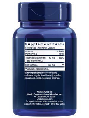 Life Extension Mega Benfotiamine, 250 mg, a Fat-Soluble Form of thiamine, Healthy Metabolism, Ultra-bioavailable Vitamin B1, high Potency, Gluten-Free, Non-GMO, Vegetarian, 120 Capsules