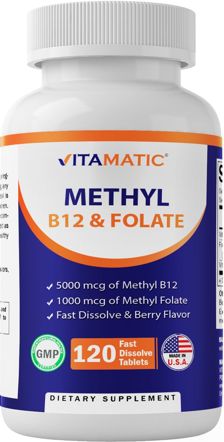 Vitamatic Methyl Folate &amp; B12 Supplement with Pyridoxal 5 Phosphate (P-5-P) - Promotes Cardiovascular Health &amp; Energy Metabolism - 120 Fast Dissolve Tablets - Non GMO &amp; Gluten Free