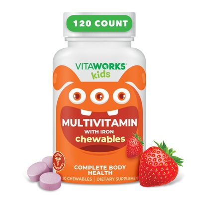 VitaWorks Kids Multivitamin with Iron &amp; Minerals Chewable Tablets - Mixed Fruit Flavor - Vegetarian, GMO-Free, Nut Free - Dietary Supplement - Digestive Support for Children - 120 Chewables,