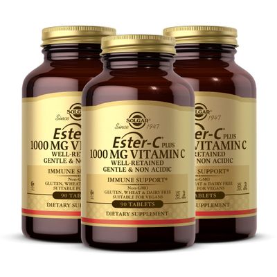 Solgar Ester-C Plus 1000 mg Vitamin C (Ascorbate Complex) - 90 Tablets, Pack of 3 - Gentle &amp; Non Acidic - Supports Upper Respiratory Health - Non-GMO, Gluten Free - 270 Total Servings