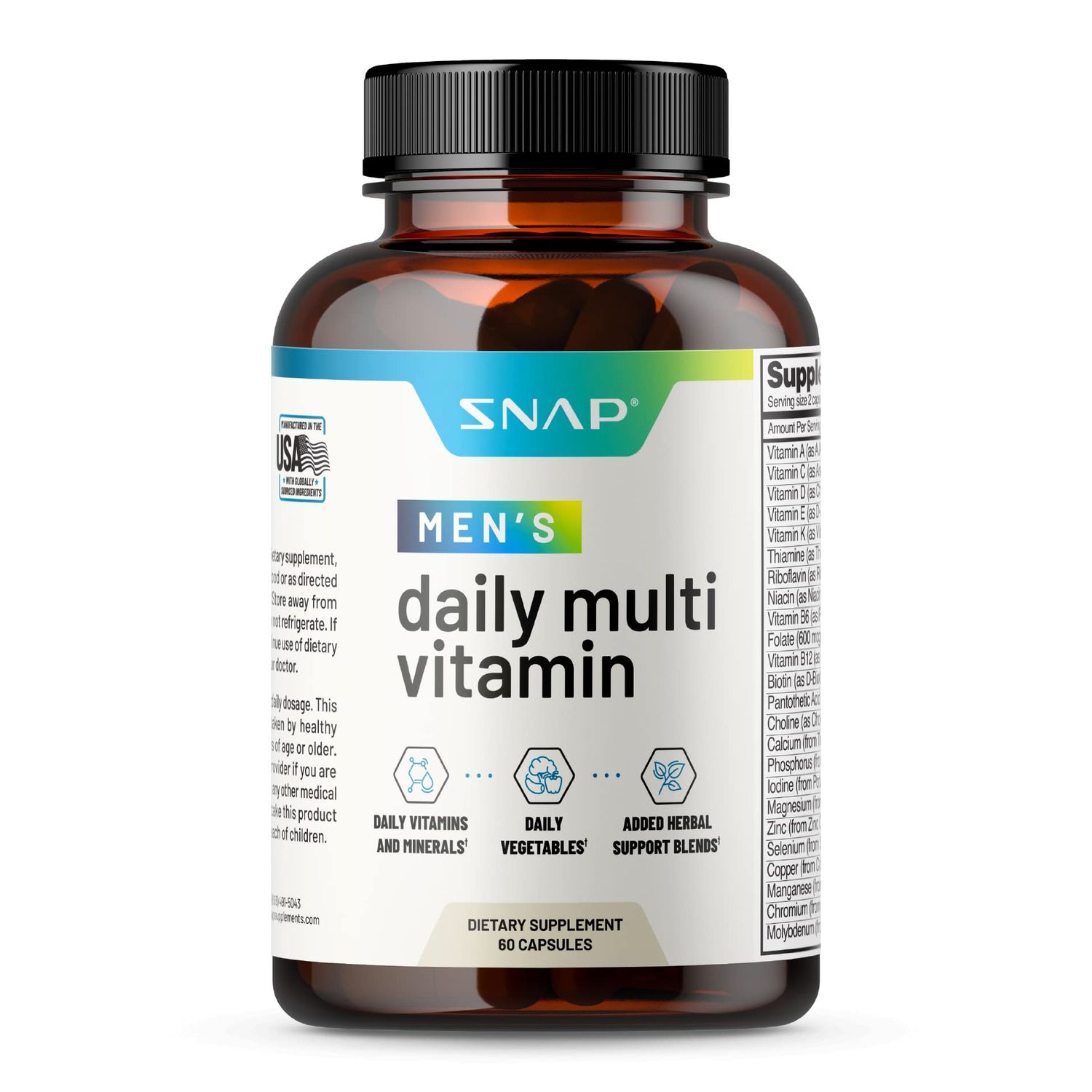 Snap Supplements Men&#39;s Multivitamins - Daily Vitamins &amp; Minerals for Men - Vitamin D, B12, Zinc, Herbs &amp; Vitamin C for Energy &amp; Immune Support, Multivitamin for Men, 60 Capsules