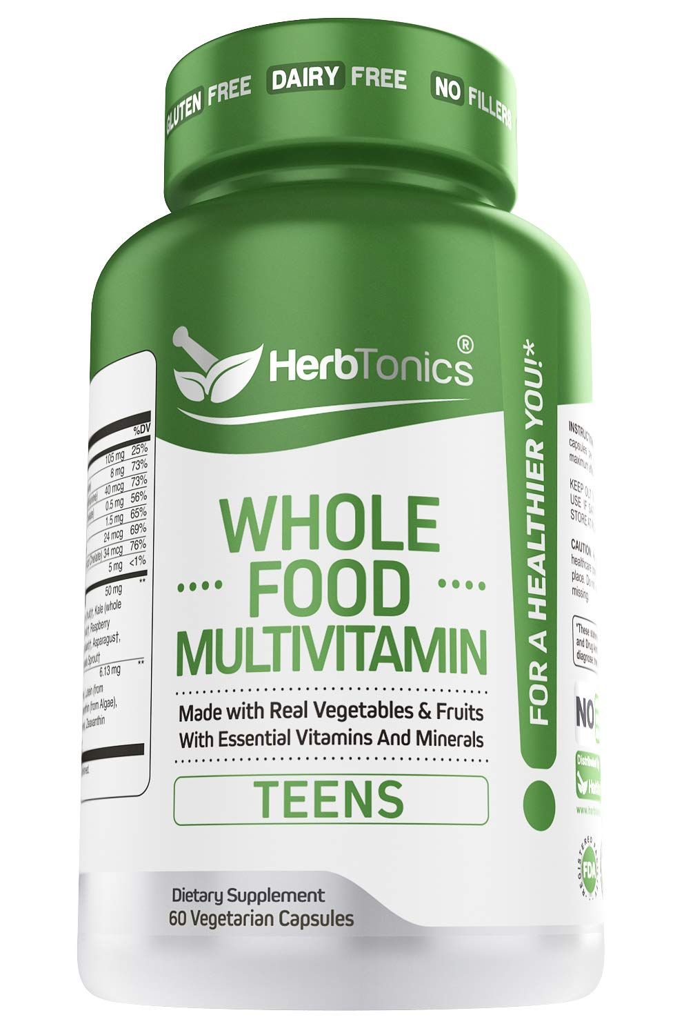 Herbtonics Whole Food Multivitamin for Teens | Essential Vitamins and Minerals Supplement for Teenage Boys &amp; Girls | 62 Plant-Based Superfoods, Raw Veggies &amp; Fruit Complex | Non-GMO Vegan 60 Capsules