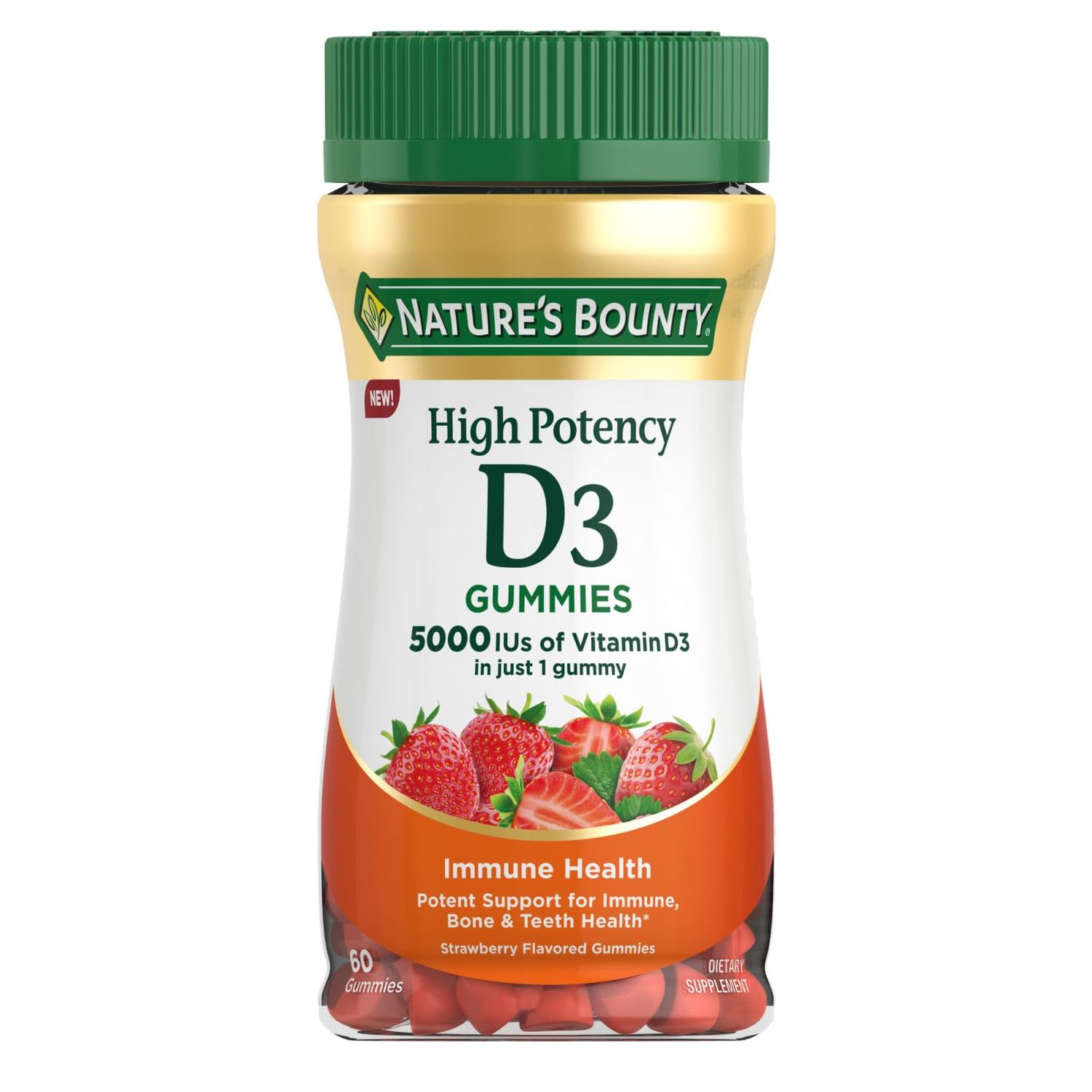 Nature&#39;s Bounty Vitamin D 5000 IU Gummies, Vitamin D3 High Potency Immune Support &amp; Bone Health Supplement, 5000 IU in 1 Gummy, Strawberry Flavor, 2 Month Supply, 60 Vegetarian Gummies for Adults