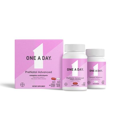 ONE A DAY Womens Prenatal Advanced Complete Multivitamin with Brain Support* with Choline, Folic Acid, Omega-3 DHA &amp; Iron for Pre, During &amp; Post Pregnancy, 60+60 Ct (120 Total) (Packaging May Vary)
