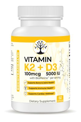 Socotra Health Vitamin D3 K2 Supplement, 5000 IU - Bone and Joint Health, Supports Immune and Cardiac Wellness, High Potency, Gluten Free, 60 Capsules