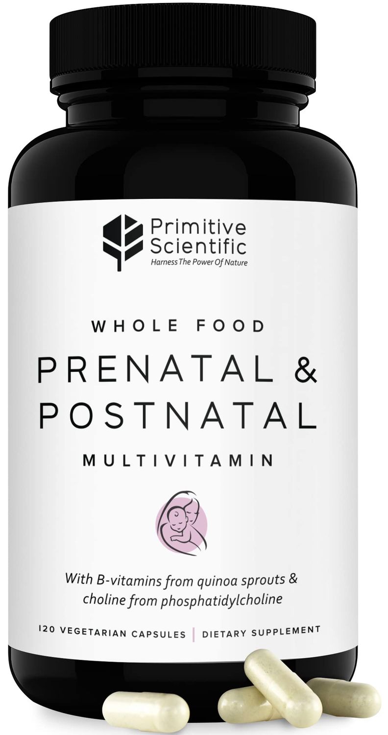 Primitive Scientific Prenatal and Postnatal Multivitamin for Women with Vitamins A, B, C, E, &amp; D, Iodine and Ginger Extract for Mother and Baby Support - 120 Capsules, Non-GMO, Gluten Free