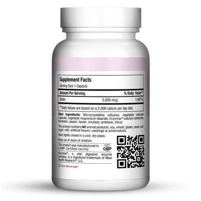 Maxi Health Biotin 5000 mcg - Hair Growth Supplement for Health and Beauty - Hair, Skin &amp; Nails Vitamins - 120 Vegetable Capsules