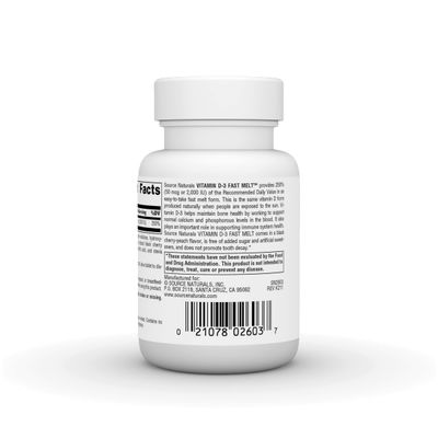Source Naturals Vitamin D-3 2000 iu Supports Bone &amp; Immune Health - Black Cherry Peach Flavor - 120 Fast Melt Tablets
