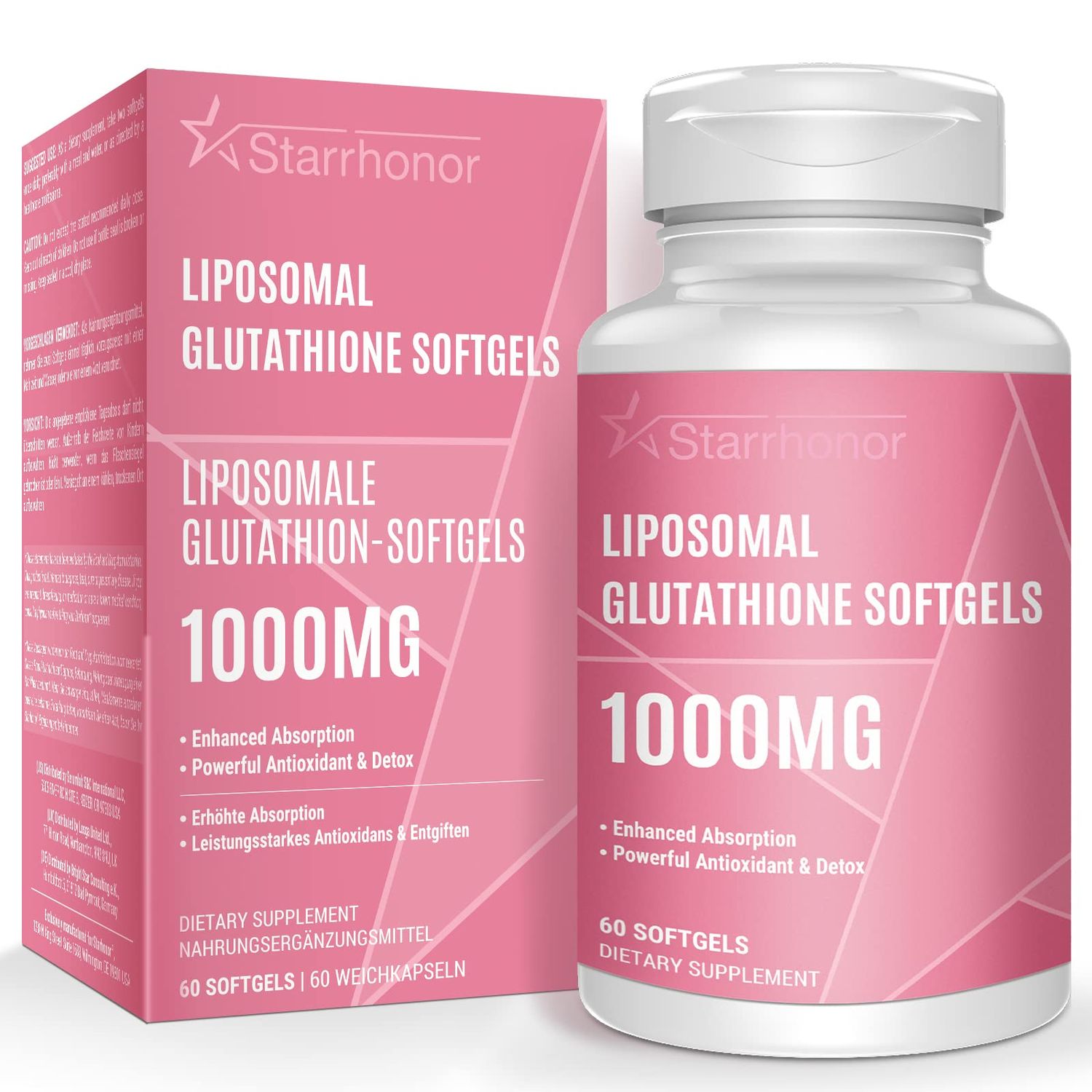 Starehonorr Liposomal Glutathione Softgels 1500MG, Reduced Glutathione Supplement with Vitamin C, Better Absorption, Non-GMO Powerful Antioxidant for Healthy Aging, Detox, Immune Health, 60 Softgels