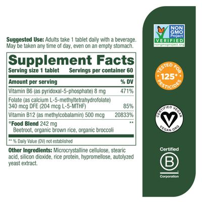 MegaFood Methyl B12 - Vegan - Includes Methyl Folate, Vitamin B12 & B6 - Supports Cellular Energy Production, Nervous System Health & Cardiovascular Function - 60 Tablets
