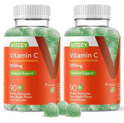 Vitamin C Gummies for Adults &amp; Teens, 1050mg Maximum Strength - Immune Support Gummies - Immune Booster - Vegan, Gelatin Free-Tasty Vitamin C Chewable Sour Apple Flavored Gummy-90 Count (Pack of 2)